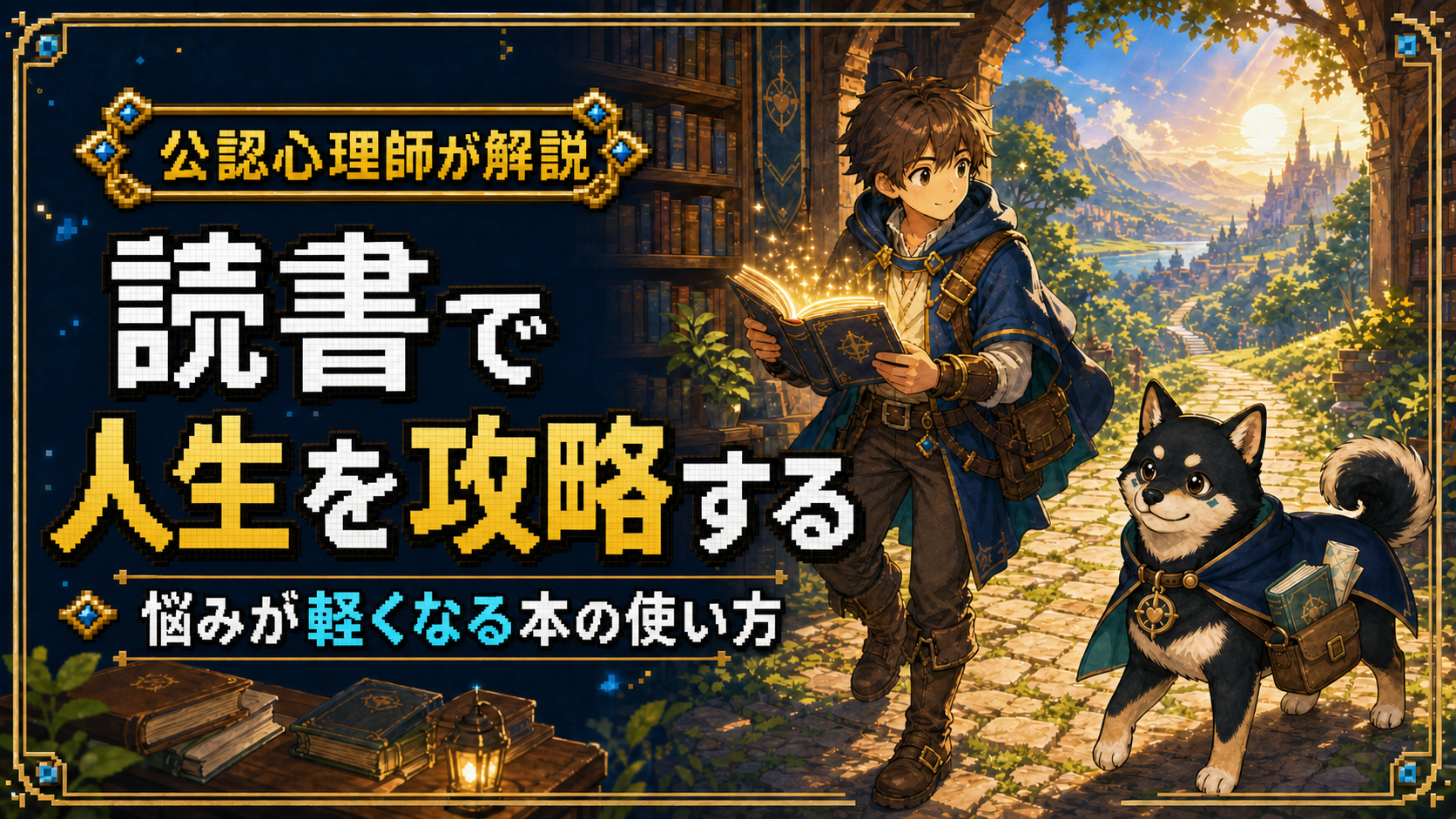 本を開く青年を、黒柴の案内人だびでが明るい道へ導く「読書で人生を攻略する」のアイキャッチ画像
