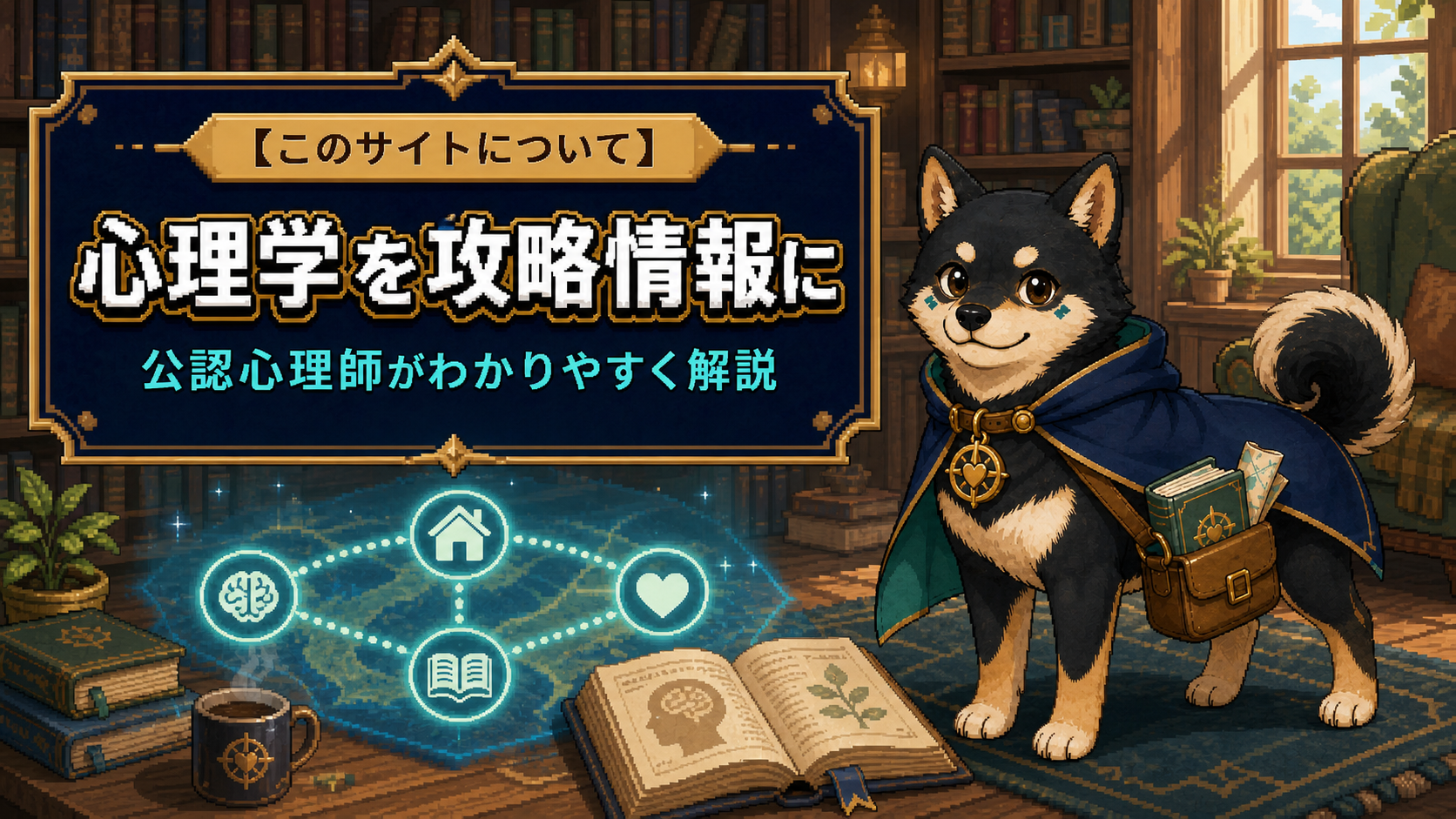 心理学の本と地図を案内する黒柴のだびで