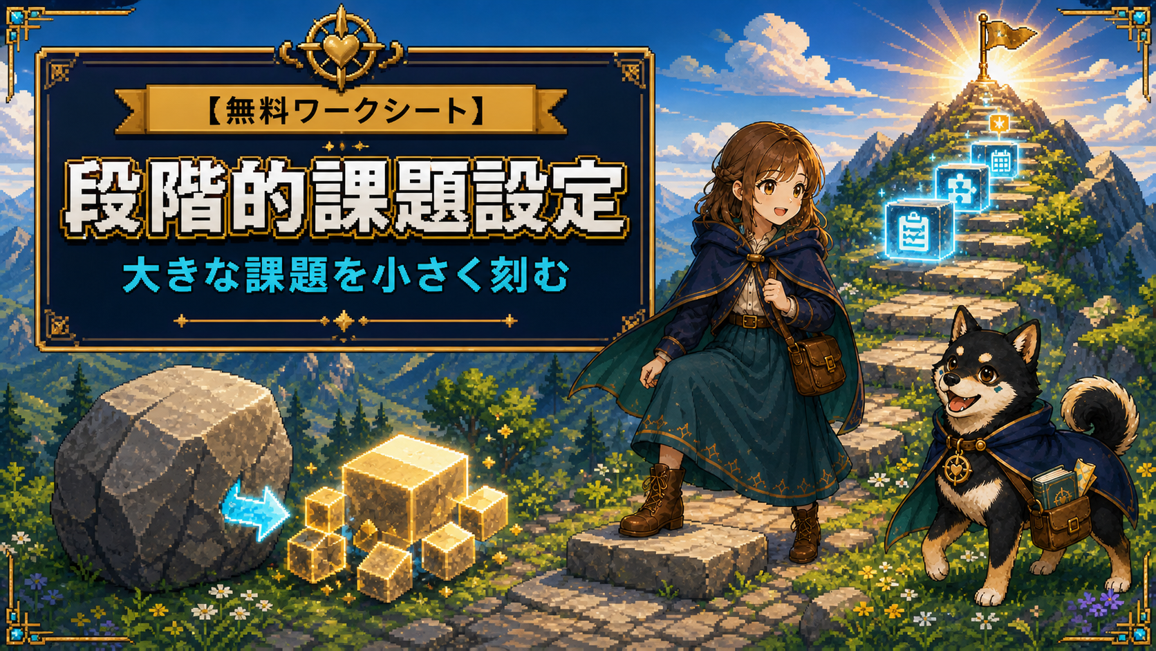 大きな課題を小さな段階に分けて進む女性と黒柴のだびで