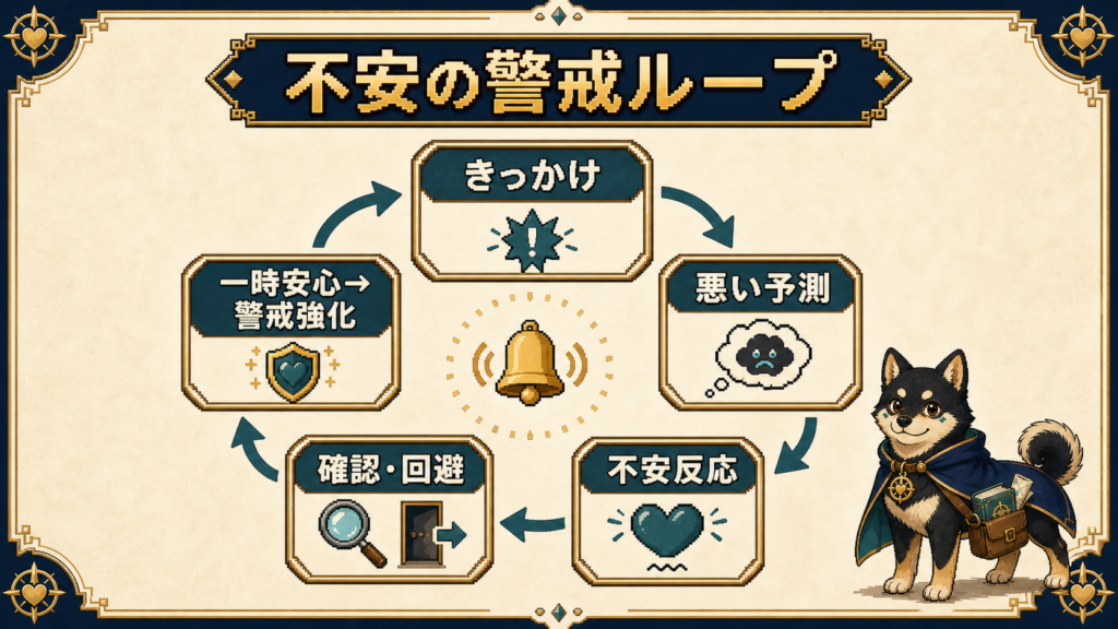 きっかけ、悪い予測、不安反応、確認・回避、一時安心と警戒強化が循環する仕組みの図