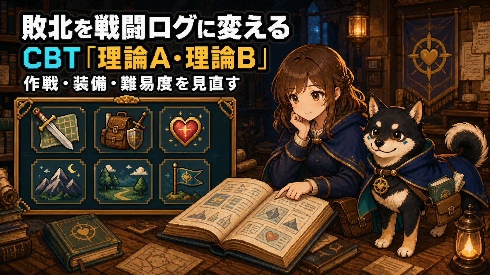 戦闘ログを見ながら作戦・装備・難易度を見直す女性冒険者と黒柴のだびで