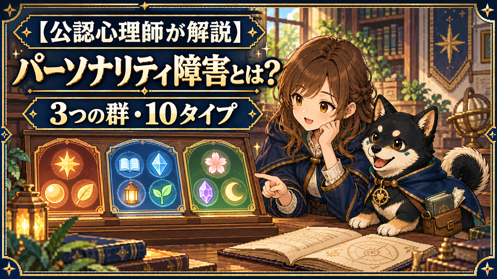 3つの群と10タイプを示す地図を、女性と黒柴のだびでが確認しているドット絵