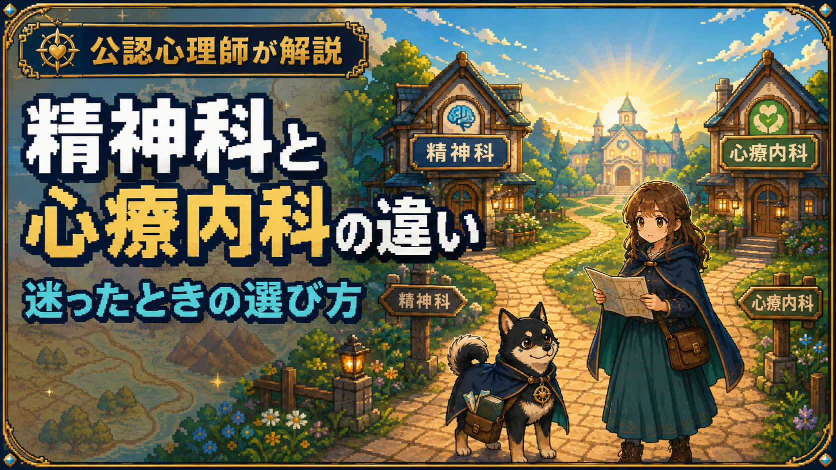 精神科と心療内科へ分かれる道を、女性と黒柴のだびでが確認しているRPG風イラスト
