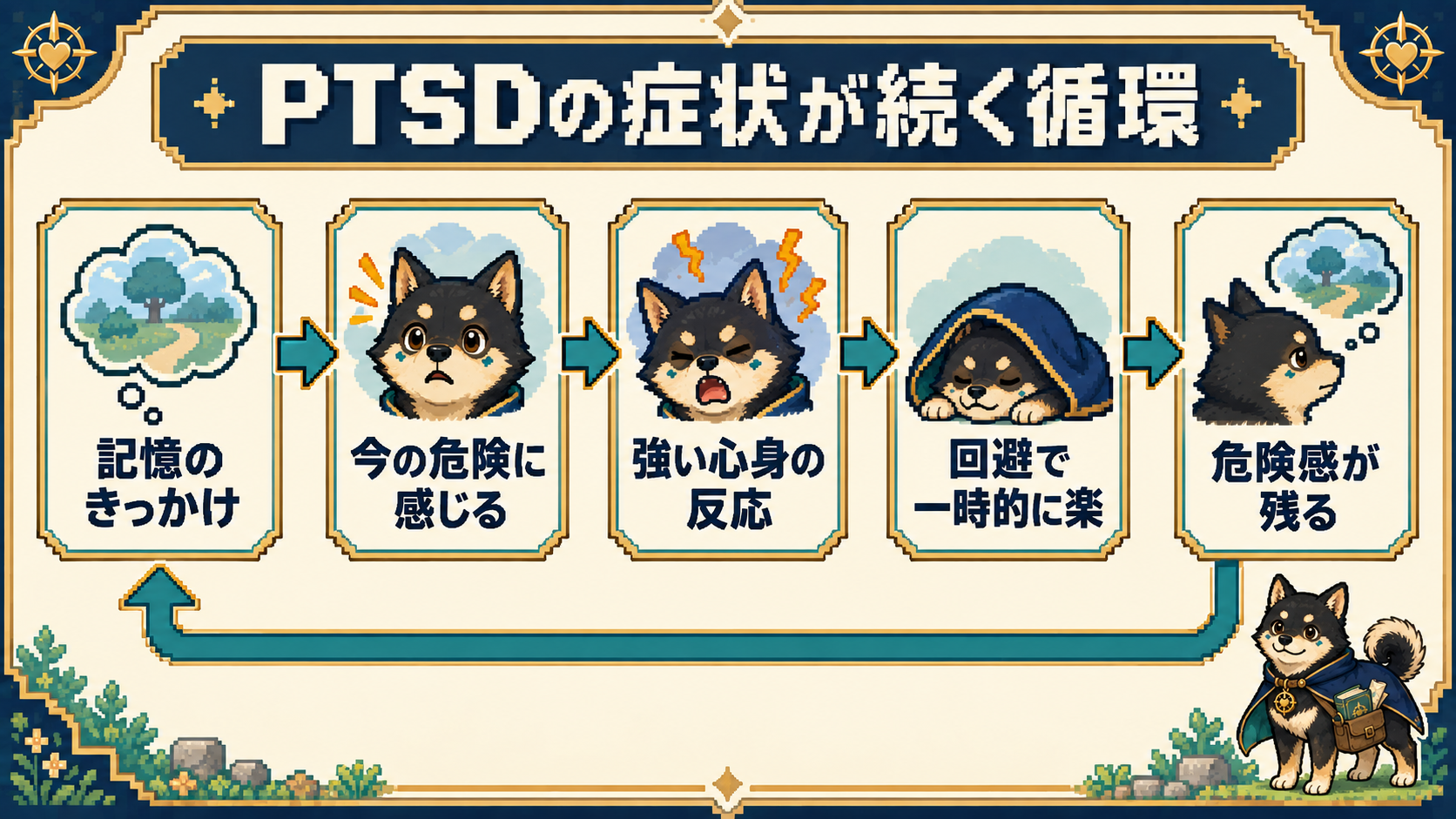 だびでの表情と矢印で、記憶のきっかけ、今の危険に感じること、強い心身の反応、回避による一時的な安堵、危険感が残る循環を示す図