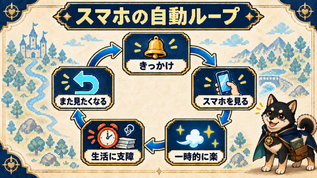 きっかけからスマホを見て一時的に楽になり、生活への支障を経て再び見たくなる循環図