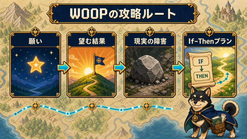 WOOPの4段階を示す図。願い、望む結果、現実の障害、If–Thenプランの順に整理する。