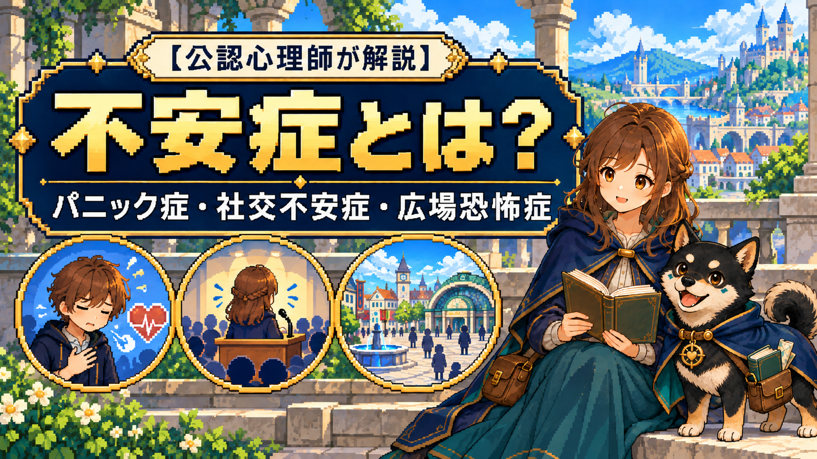 不安症の3タイプを表す場面と、本を読む女性、黒柴のだびでを描いたドット絵