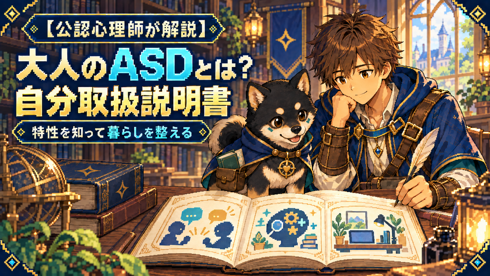 自分に合う暮らし方を記した本を、男性と黒柴のだびでが一緒に読むピクセルアート
