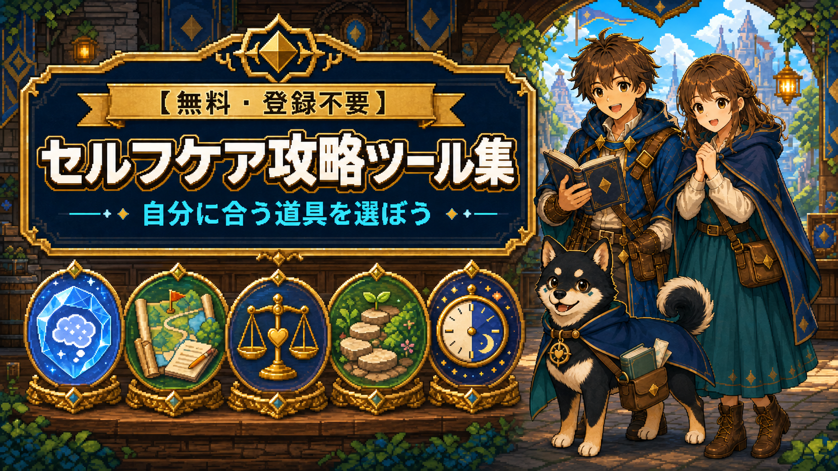 セルフケアの道具を選ぶ二人と黒柴のだびで