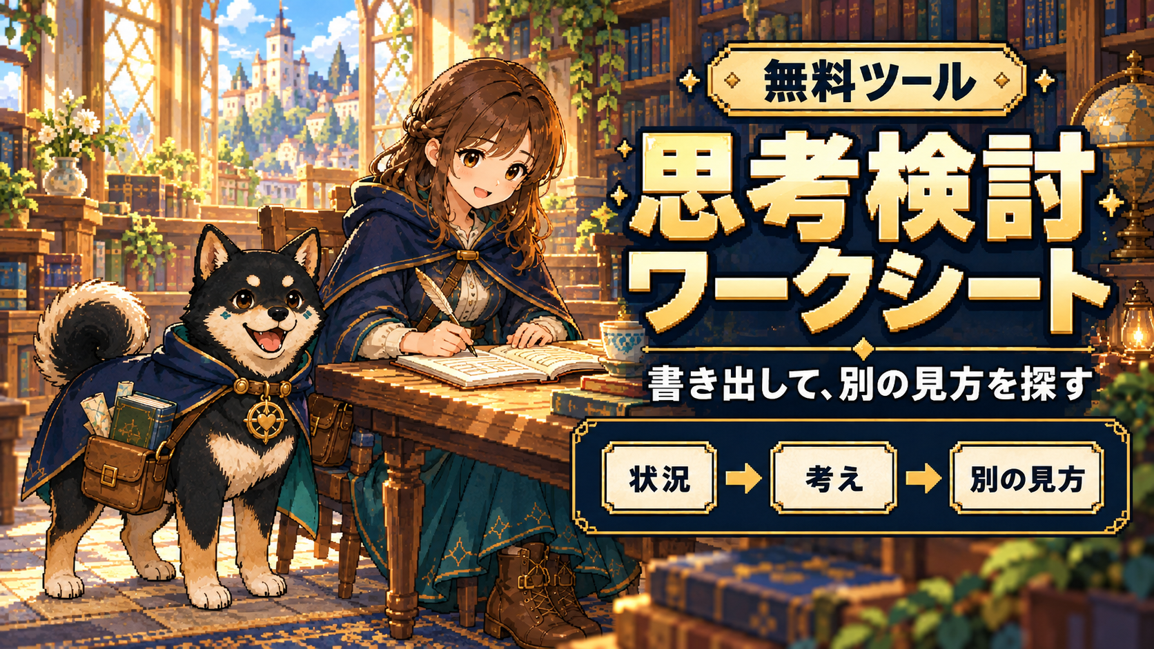 図書室で思考を書き出す女性と黒柴のだびでを描いたドット絵