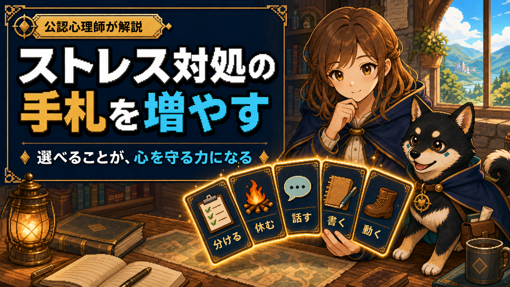 ストレス対処の5枚の手札を、女性と黒柴のだびでが確認するドット絵