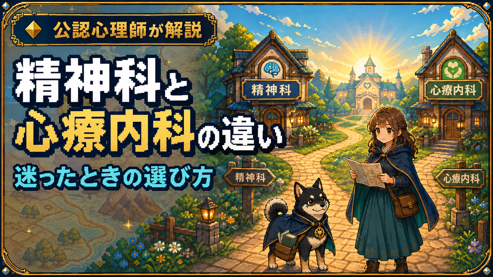 精神科と心療内科へ分かれる道を、女性と黒柴のだびでが確認しているRPG風イラスト