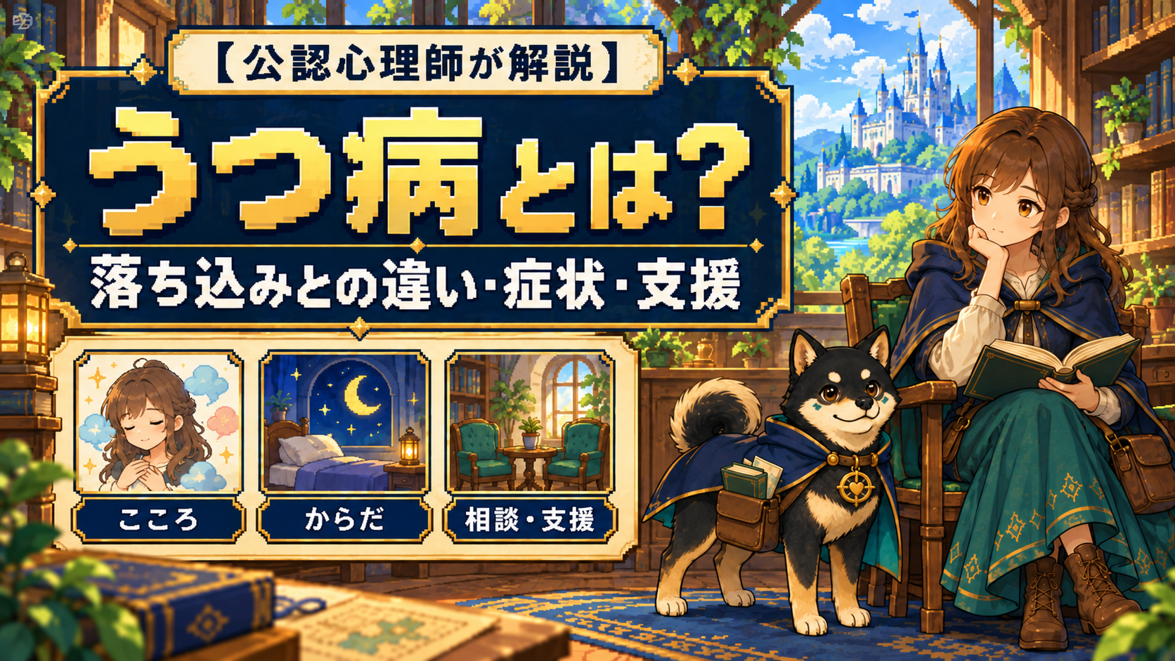 こころ・からだ・相談支援の場面と、本を読む女性、黒柴のだびでを描いたうつ病解説のドット絵