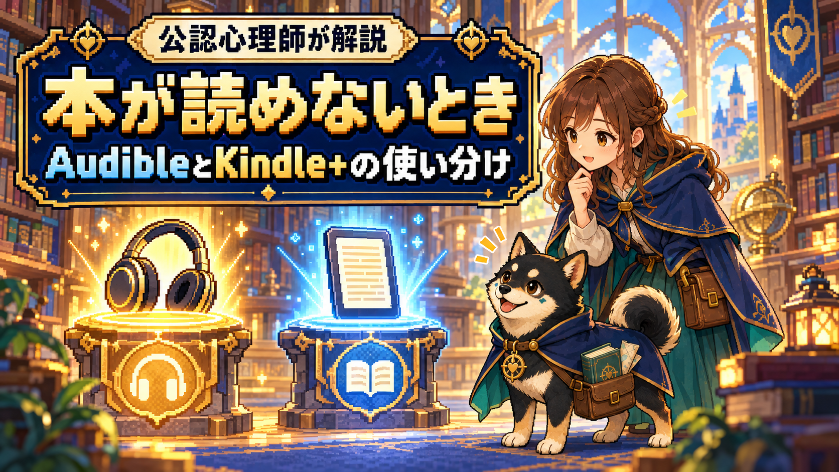 本、ヘッドホン、電子書籍と黒柴のだびでが描かれた、AudibleとKindle+の使い分けを紹介するイラスト。