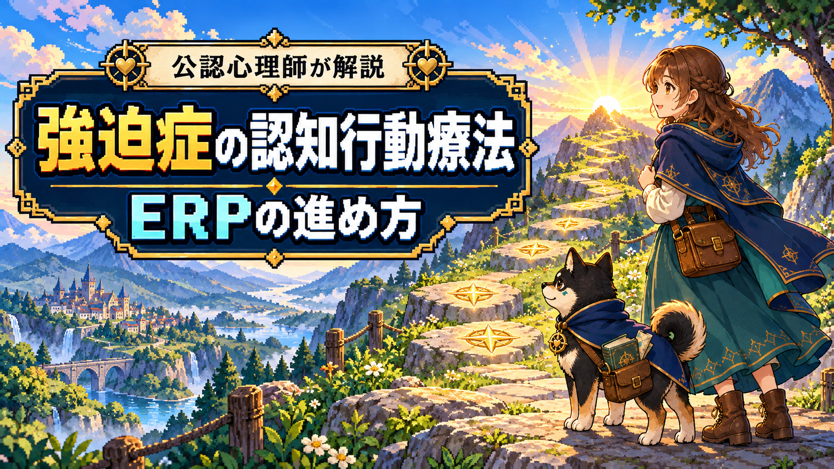 朝日の差す山道を見上げる女性と、黒柴のだびでを描いた強迫症のERP解説のドット絵