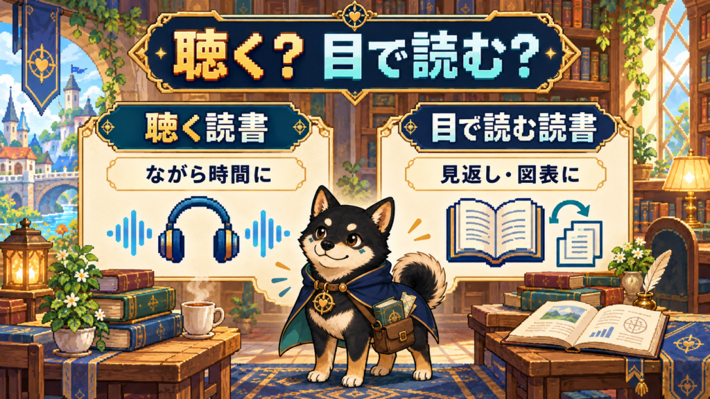 聴く読書はながら時間に、目で読む読書は見返しや図表の確認に向いていることを示した比較図。