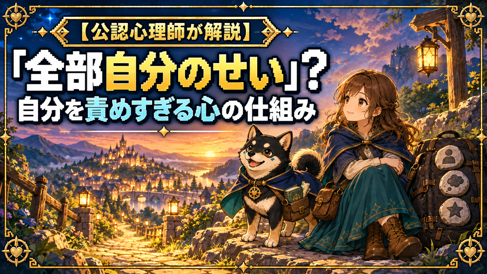 夕暮れの道で荷物を下ろし、黒柴のだびでと遠くの街を見つめる女性のピクセルアート