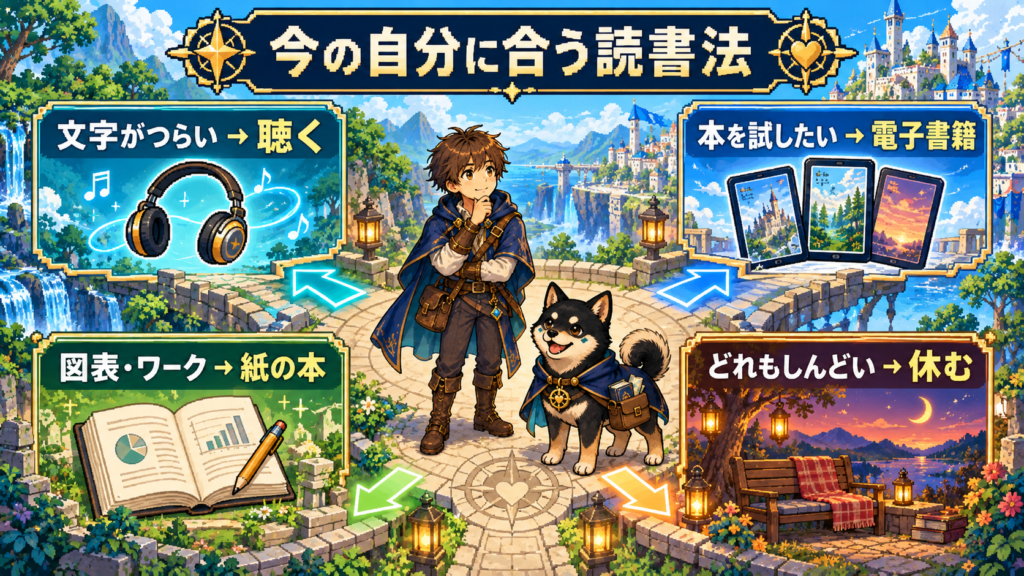 文字がつらいときは聴く、本を試したいときは電子書籍、図表やワークは紙の本、どれもしんどいときは休むという選択図。